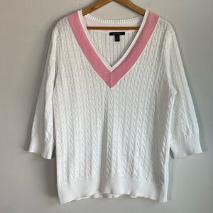 Lauren Ralph Lauren Cable Knit V Neck Sweater Size 1X Preppy Tennis Old Money